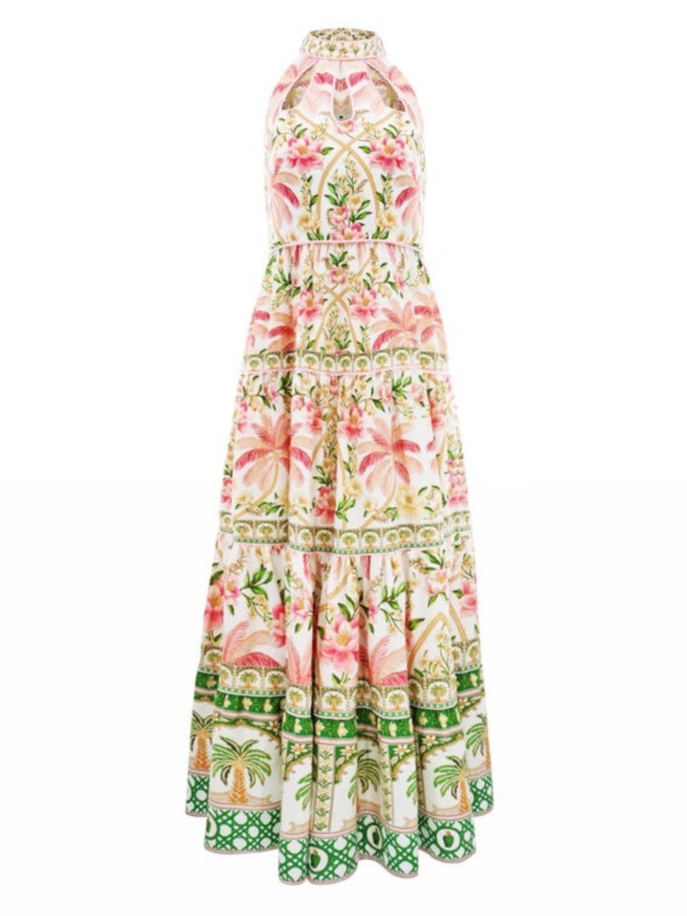 FARM RIO
Palm Tree Eyelet Midi Dress Floral Halter Maxi Dress in Pink
